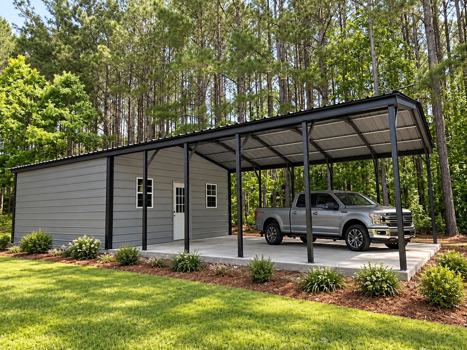 Black roof, gray siding, black trim; virtually staged with vehicle and landscaping
