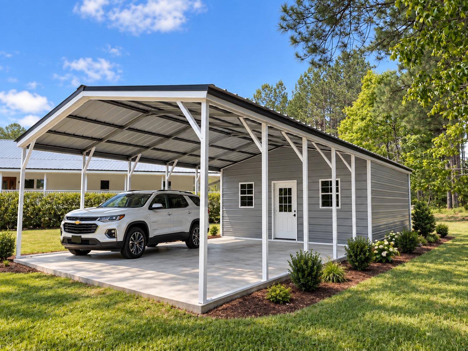Black roof, gray siding, white trim; virtually staged with vehicle and landscaping