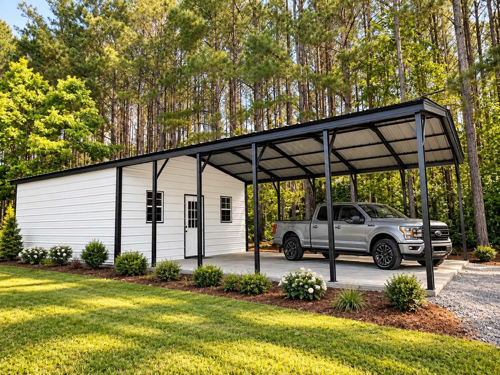 Virtually staged example of a metal combo building with black roof, white siding, black trim, a pickup truck, and landscaped yard