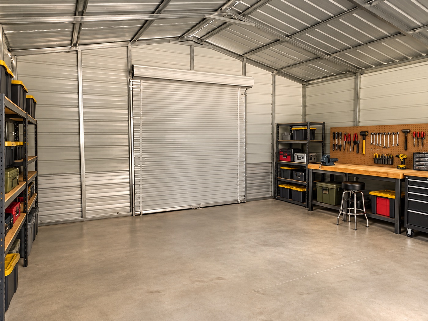 Virtually staged organized workshop inside the enclosed metal building area; equipment not included